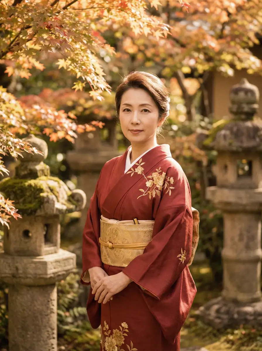 一位身穿暗红色和服的优雅 90婚介所在线观看免费完整版 在日式庭院中